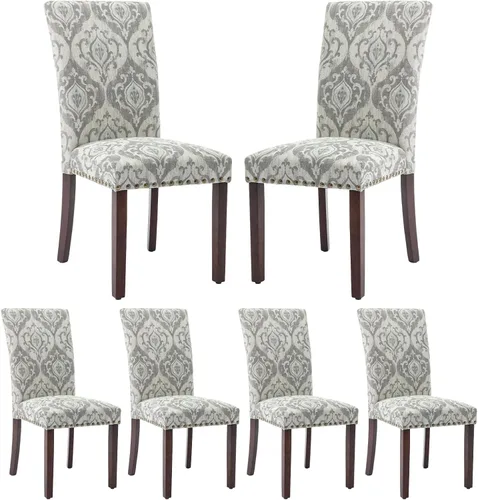 Vista 11 de COLAMY Juego de 6 sillas de comedor tapizadas Parsons, sillas laterales de tela para comedor y cocina con ribete de tachuelas y patas de madera