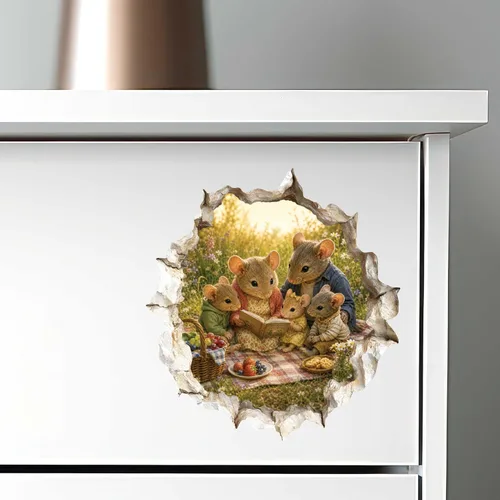 Vista 4 de Adhesivo de pared 3D con diseño de familia de ratón con agujero de ratón