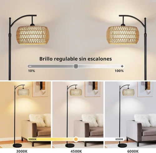 Vista 2 de Lámpara de pie de arco con control remoto, lámpara de pie LED regulable con 3 temperaturas de color, lámpara de pie negra con pantalla de doble