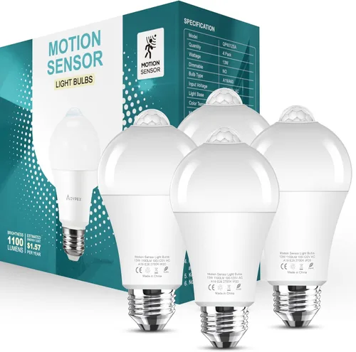 Vista 10 de Bombillas con sensor de movimiento, 13 W (equivalente a 100 W) activado por movimiento, bombilla LED con sensor de atardecer a amanecer, A19 E26