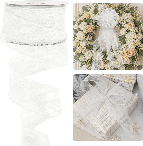 Vista 10 de HUIHUANG Cinta de encaje con alambre para árbol de Navidad, 2.5 pulgadas x 25 yardas, cinta de alambre con purpurina dorada para árbol de Navidad