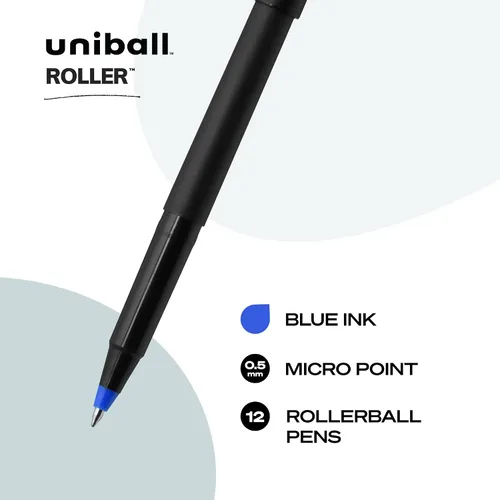 Vista 3 de Bolígrafos roller uniball, punta micro de 0.5 mm, azul, paquete de 12