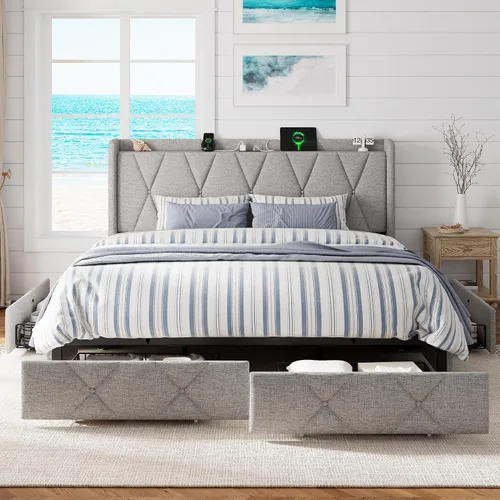 Vista 20 de GalnFu Base de cama de tamaño matrimonial con 4 cajones de almacenamiento, plataforma tapizada con estación de carga, moderna cabecera de Beige