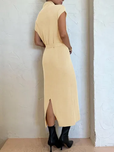 Vista 4 de Imily Bela Vestido de suéter de manga casquillo de cuello alto para mujer, tejido acanalado, abertura lateral, cintura con lazo en la cintura
