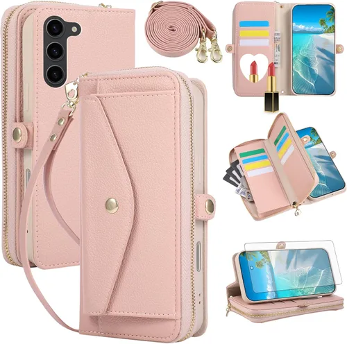 Vista 43 de Asuwish Funda de teléfono para Samsung Galaxy S23 5G con cremallera, funda para celular con protector de pantalla, correa para el hombro, espejo