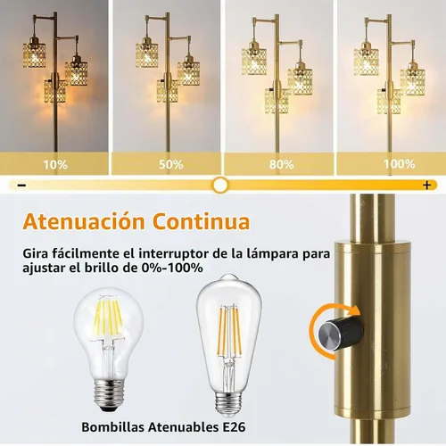 Vista 4 de Lámpara de pie industrial, lámpara de pie regulable, lámpara de árbol dorado, lámpara de pie con 3 elegantes pantallas de cristal para sala