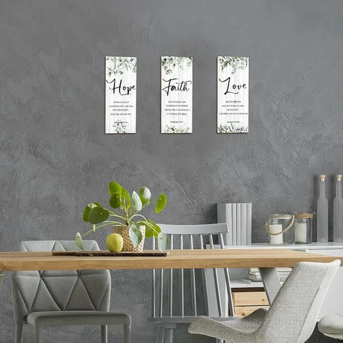 Vista 4 de 3 piezas de decoración de pared cristiana decoración de pared verde inspirador escritura escritura placa colgante rústico hojas signo cita