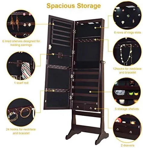 Vista 3 de GOFLAME Espejo de armario de joyería con luces LED, dos cajones con cerradura, organizador de joyas de gran capacidad, organizador de almacenamiento