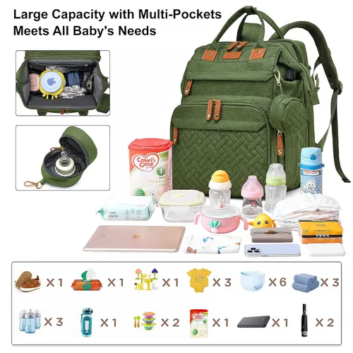 Vista 3 de ANWTOTU Mochila Bolsa para Pañales, Verde militar Mochila de viaje impermeable multifuncional con cambiador, estuche para chupete y correas