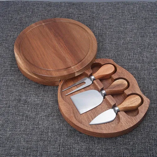 Vista 4 de Tabla redonda de madera de acacia para servir queso y juego de 3 herramientas de queso, 7.5 pulgadas de diámetro, ideal para bodas, cumpleaños