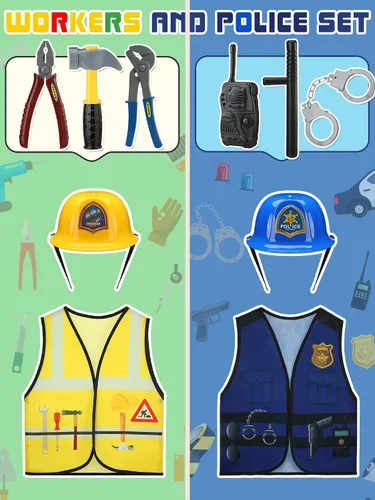 Vista 3 de Hungdao 6 juegos de disfraces para niños, disfraz para niños pequeños de 6 a 10 años para disfrazarse de policía, bombero, médico, trabajador