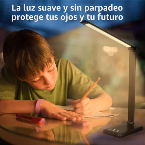 Vista 6 de Lámpara de escritorio LED White Crown, lámpara de mesa regulable, lámpara de lectura con puerto de carga USB, 5 modos de iluminación, control Negro