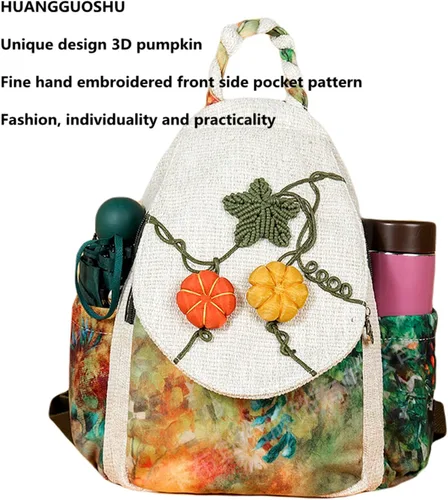 Vista 89 de HUANGGUOSHU Mochila de algodón tejida de algodón bohemio con bordado de lona estilo bohemio con múltiples bolsillos retro linda mochila cartera