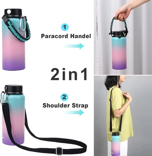 Vista 2 de Wongeto Mango de paracaídas con correa de hombro ajustable para botellas de agua de boca ancha de 12 onzas, 18 onzas, 24 onzas, 32 onzas y 40 onzas