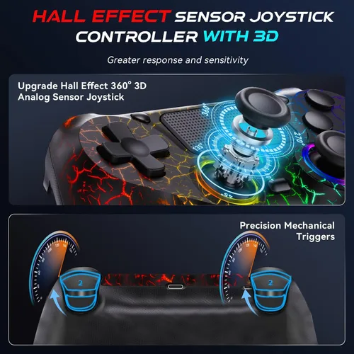 Vista 4 de Fanyooge Light-up Controller for PS4,2 Pack Crack Design Remote Control for Ps4 with RGB Light,Hall Effect Joystick,1000mAh Battery,Vibration,6-Axis
