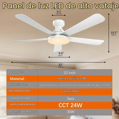 Vista 3 de Ventiladores de techo con luces, ventilador de techo de montaje empotrado de 52 pulgadas con luz, control remoto/aplicación, ventilador de techo