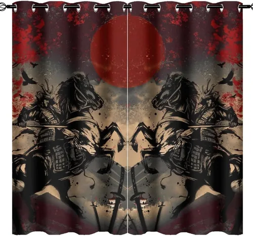 Vista 23 de Cortinas opacas abstractas japonesas samuráis para dormitorio, caballo samurái rústico, rojo, ojal, aislamiento térmico, cortinas de oscurecimiento