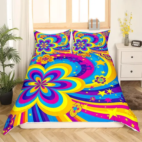 Vista 3 de Groovy Flowers - Funda de edredón de flores hippy girl, juego de ropa de cama con diseño de flores de arco iris, espiral, rayas, floral, juego