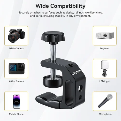 Vista 3 de UTEBIT 0.36"-1.2" Universal Aluminum C-Desk Clamp, Black Adjustable Support Clamp with 1/4" and 3/8" Thread for Desktop Mount Holder Flash Desks