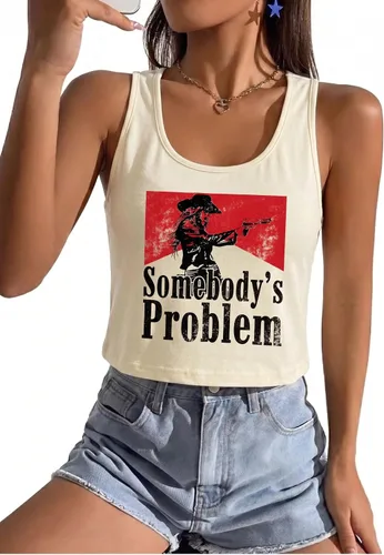 Vista 13 de Camisetas sin mangas de vaquera occidental para mujer, camisetas de música #02 Negro