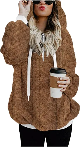 Vista 5 de Sudaderas con capucha para mujer con cremallera de gran tamaño, de forro polar, con estampado de moda, sin botones, con bolsillo, Rosado