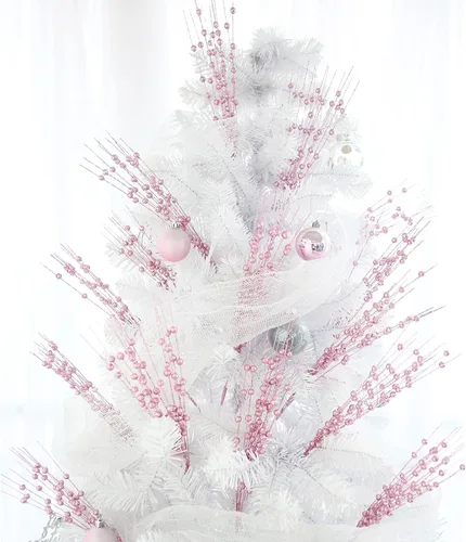 Vista 5 de 12 piezas de bayas artificiales con purpurina rosa, púas artificiales de Navidad con tallos de bayas para decoraciones de Navidad, palos falsos