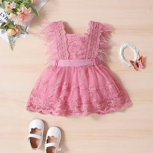 Vista 2 de Vestido de encaje para niñas pequeñas, vestido de encaje con bordado floral, manga de plumas, tul tutú, vestido de fiesta acampanado