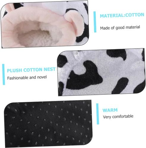 Vista 6 de VILLCASE Hámster de algodón para mascotas, acogedor escondite para conejillos de indias, cama de algodón cálida y adorable con estampado de vaca