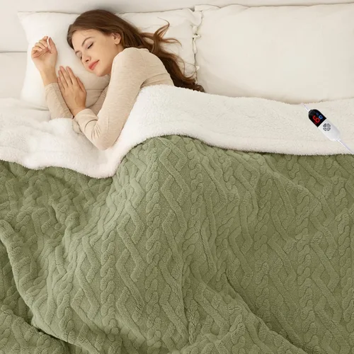 Vista 24 de Manta eléctrica tamaño individual 62"X84" amarilla - Manta cálida y gruesa de sherpa con calefacción para invierno con 5 niveles de calentamiento