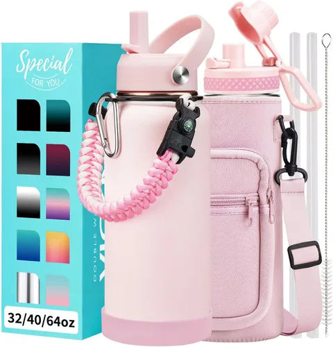 Vista 11 de Botellas de agua de 32 onzas aisladas con pajita y tapa para beber de un sorbo, asa de paracord, bolsa de transporte con correa, termo de triple