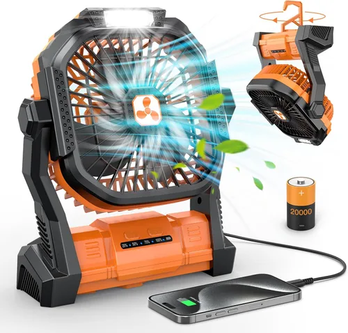 Vista 17 de ONLYNEW Ventilador portátil recargable de 20000 mAh, ventilador alimentado por batería inalámbrica con linterna LED, USB C operado por batería