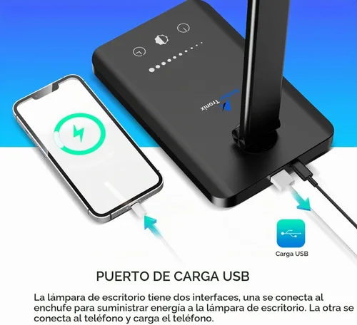 Vista 3 de Lámpara de escritorio LED Ambertronix con puerto de carga USB, luz de escritorio regulable para lectura y cuidado de los ojos para el hogar, con 5