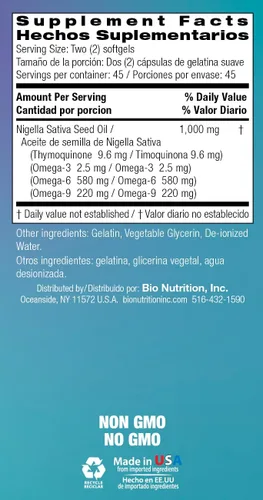 Vista 4 de Bio Nutrition Aceite de semilla negra 1000 mg 90 cápsulas blandas Nigella Sativa prensada en frío Suplemento de ácidos grasos esenciales