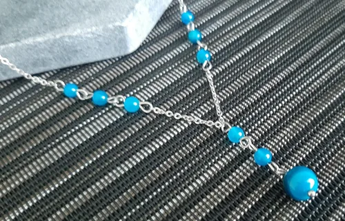 Vista 6 de Natural Crystal Bead Blue Agate Stone Y Shaped Lariat Necklace Non-Tarnish Steel Chain