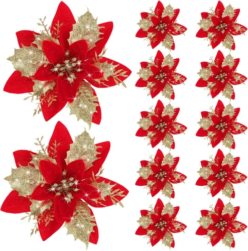 Vista 13 de Canlierr 12 piezas flores de Pascua de Navidad de 5.7 pulgadas con purpurina, flores artificiales con clips, adorno de árbol de Navidad para corona