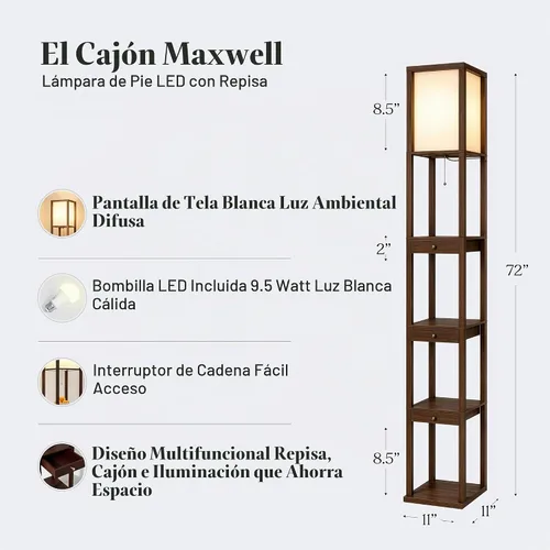Vista 4 de Brightech Maxwell Drawer Edition - Lámpara de pie moderna con estante y cajón - Lámparas de pie de esquina con estantes para sala de estar