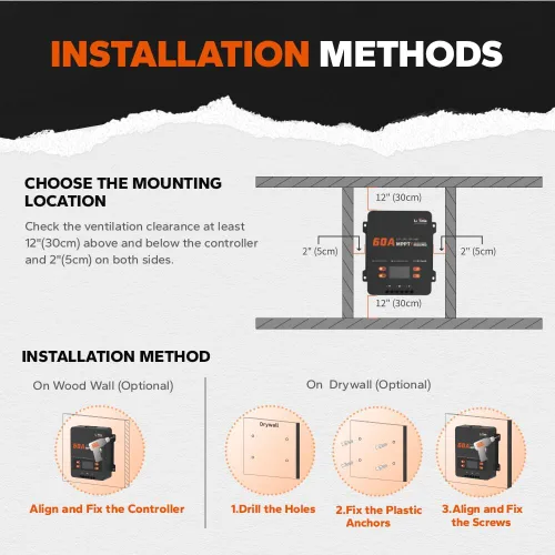 Vista 7 de LiTime 60A MPPT Controlador de Carga Solar (Sin Bluetooth Integrado), 12V/24V/36V/48V Auto, Entrada Máxima de PV 200VDC Pantalla LCD Regulador