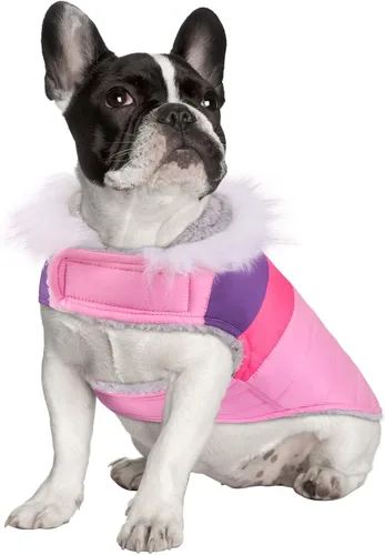 Vista 2 de HDE Chaqueta acolchada para perro, con forro polar, abrigo de invierno cálido para perro con agujero para arnés a rayas rosas, talla S Raya rosa