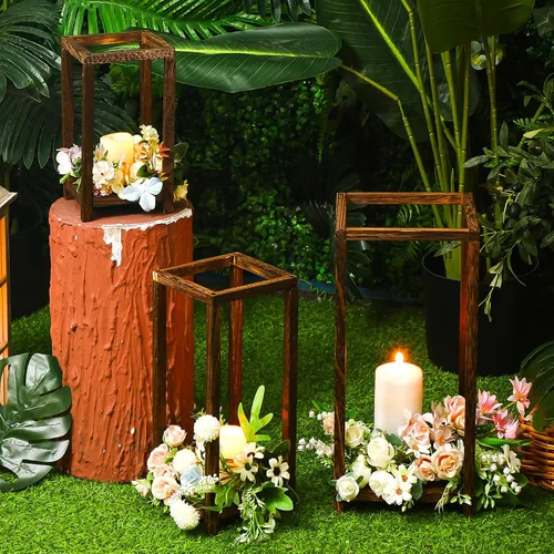 Vista 5 de Qunclay 3 piezas de farol de boda de madera, portavelas rústico integrado para decoración de mesa, farol de granja para chimenea, boda