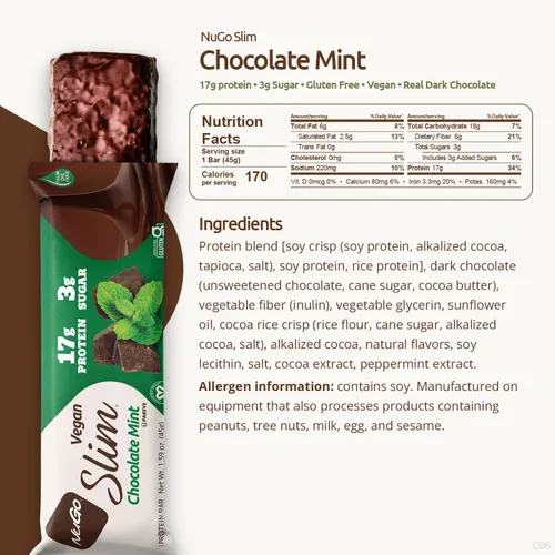 Vista 2 de Nugo Slim Dark Chocolate Mint, 0.71 oz de proteína vegana, 0.11 oz de azúcar, 0.16 oz de fibra, bajo en carbohidratos netos, apto para dieta
