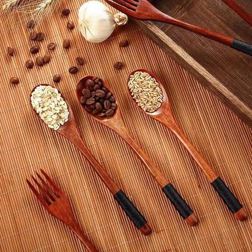 Vista 3 de Alliteqwe Juego de cubiertos de madera con cucharas y tenedores de madera, juego de utensilios de madera de estilo japonés, juego de cubiertos