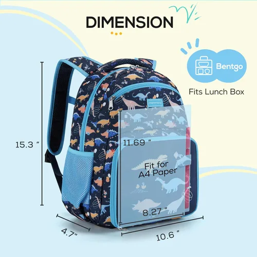 Vista 7 de mommore Mochila para niños con múltiples compartimentos, Dinosaurio, Mediana, Mochilas de viaje