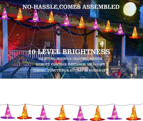 Vista 7 de Dazzle Bright 8 luces colgantes de sombrero de bruja para colgar, decoraciones de Halloween impermeables con control remoto para decoración
