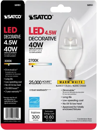 Vista 2 de SATCO S8951 - Bombilla LED de 4.5 W, forma de vela B11, blanco cálido de 2700 K, 300 lúmenes, base de candelabro E12, 120 voltios, regulable