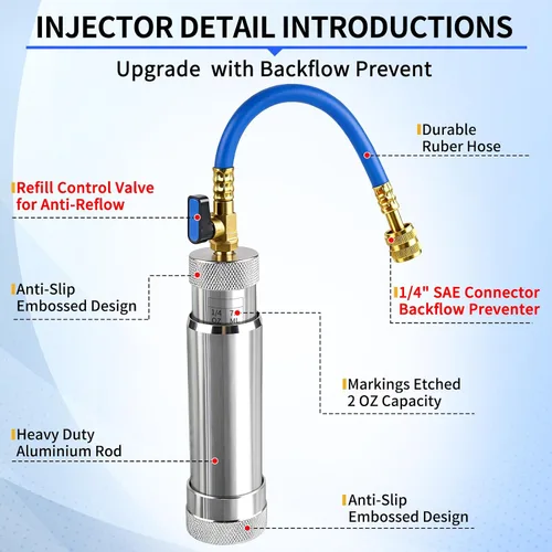 Vista 3 de Inyector de tinte CA FANOVO 1234YF con válvula de bola de cierre y preventor de reflujo Upgrade R1234YF AC Oil Injector, 2 OZ Refrigerant Hand