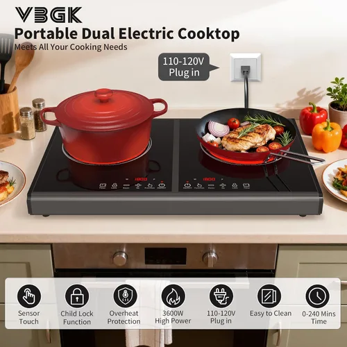 Vista 2 de VBGK Placa de cocina eléctrica, estufa de 110 V 3600 W, encimera de 22 pulgadas con 9 niveles de potencia, control táctil LED, protección contra