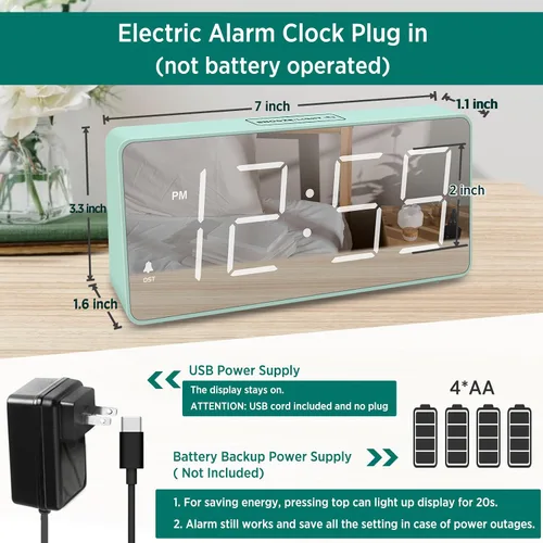 Vista 2 de Peakeep Reloj digital, reloj despertador alimentado por batería para dormitorios, esfera de espejo, números grandes, 6 atenuadores para personas
