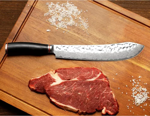 Vista 7 de YOUSUNLONG Cuchillo de carnicero de nariz de toro de 8 pulgadas, japonés de 67 capas, acero de damasco martillado con mango de madera de plomo