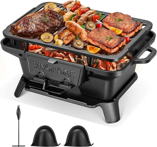 Vista 8 de VIVOHOME Parrilla ovalada de hierro fundido con rejillas intercambiables y plancha, 2 puertas de horno para control de calor, incluye guantes, póker