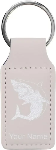 Vista 15 de Llavero rectangular, gran tiburón blanco, grabado personalizado incluido, Bambú